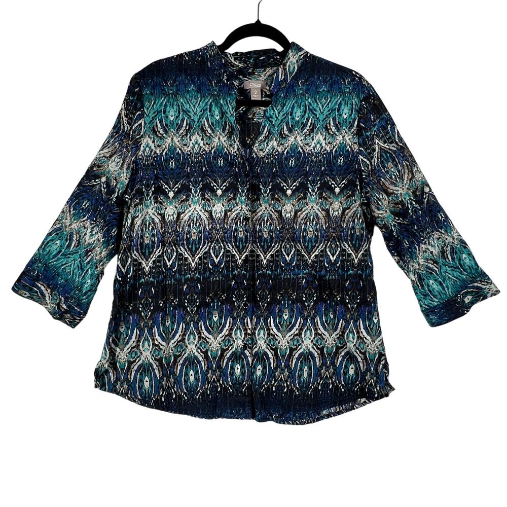 CHICO'S Blouse Women Size 2 L US 12 Blue Teal Abstract 3/4 Sleeve Tunic Top